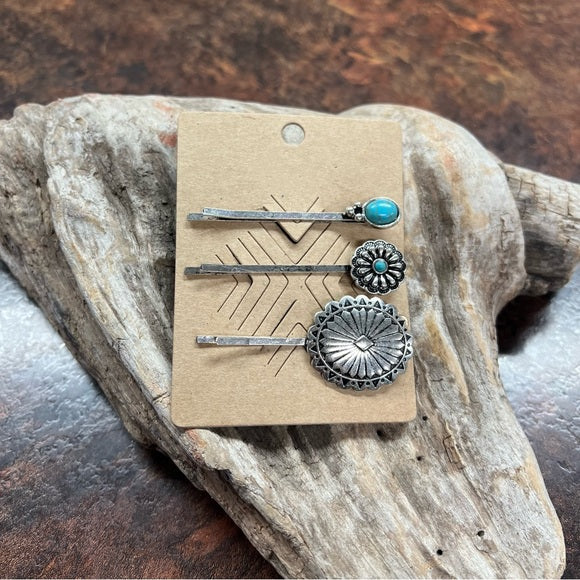 Set of 3 hair pins with turquoise | Bobby pins | Concho