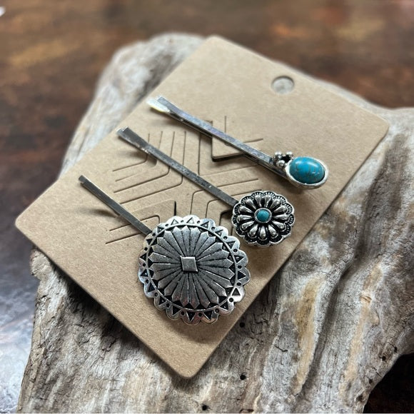 Set of 3 hair pins with turquoise | Bobby pins | Concho