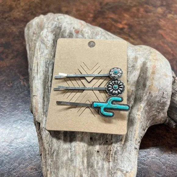 Set of 3 hair pins with turquoise | Bobby pins | Cactus