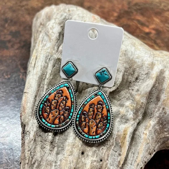 Western Leather Cactus Turquoise Dangle Earrings