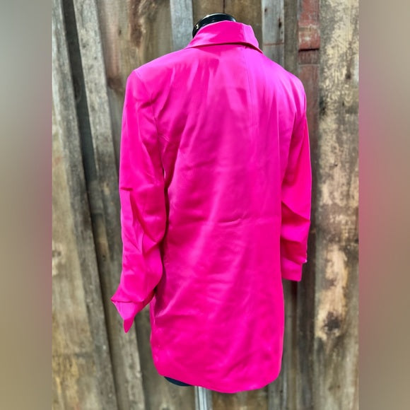 Satin Ruched Sleeve Blazer Jacket in Pink