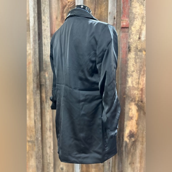 Satin Ruched Sleeve Blazer Jacket in Black