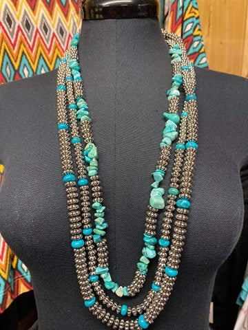Silver & Turquoise Triple Layered Beaded Necklace