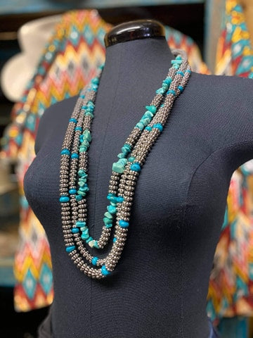 Silver & Turquoise Triple Layered Beaded Necklace