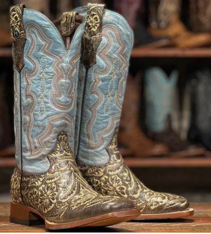 Tanner Mark Women's Tooled Foot with Turquoise Top Boots
