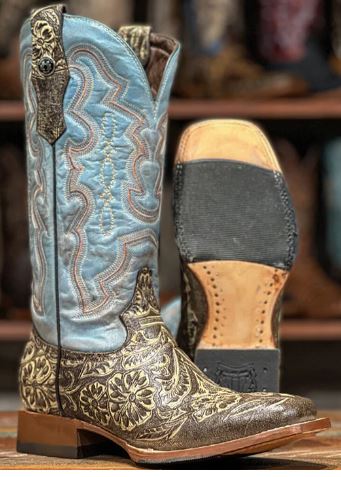 Tanner Mark Women's Tooled Foot with Turquoise Top Boots
