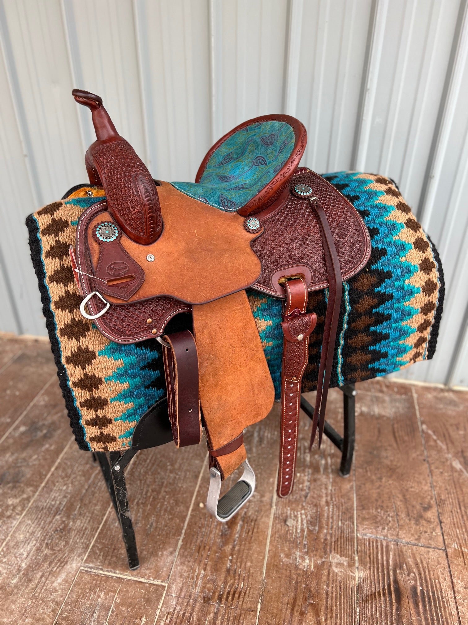 NF Saddlery Oiled Turquoise Paisley Barrel Saddle