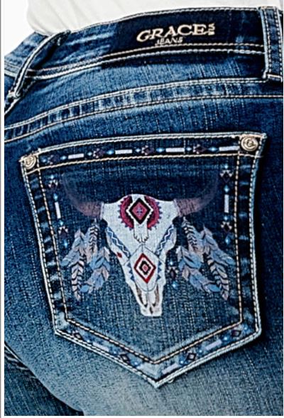 Grace in LA Women's Easy Fit Medium Wash Steerhead Print Pocket with Embroidery Border Boot Cut Jeans